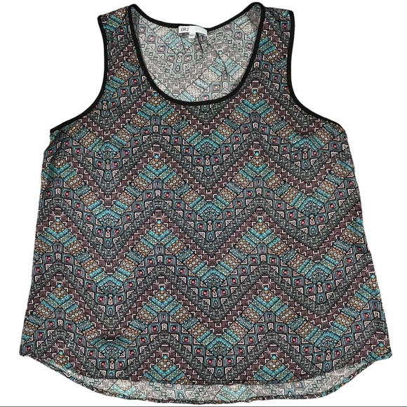 DR2 size large Aztec pink, blue, orange, black design sleeveless curved hem top - Picture 1 of 10